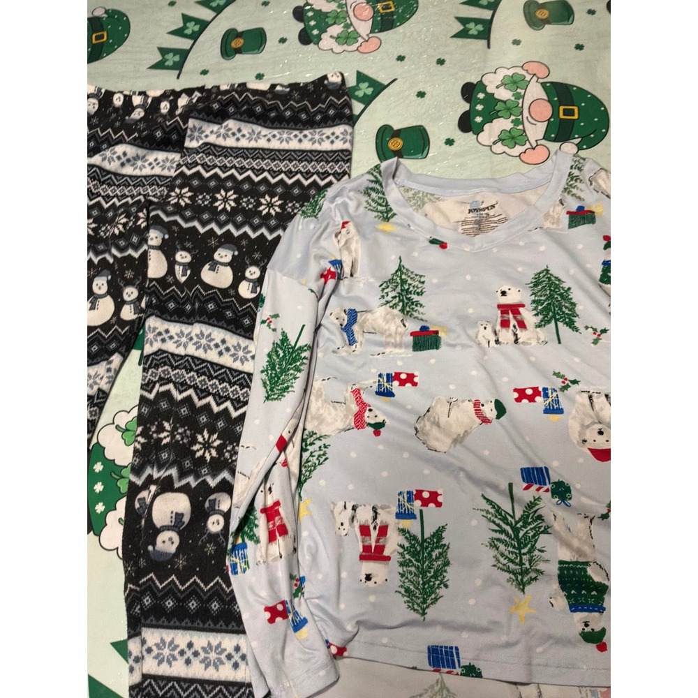 Joyspun Womens Pajama Set Polar Bear Top Green Paisley Snowman Leggings Large L